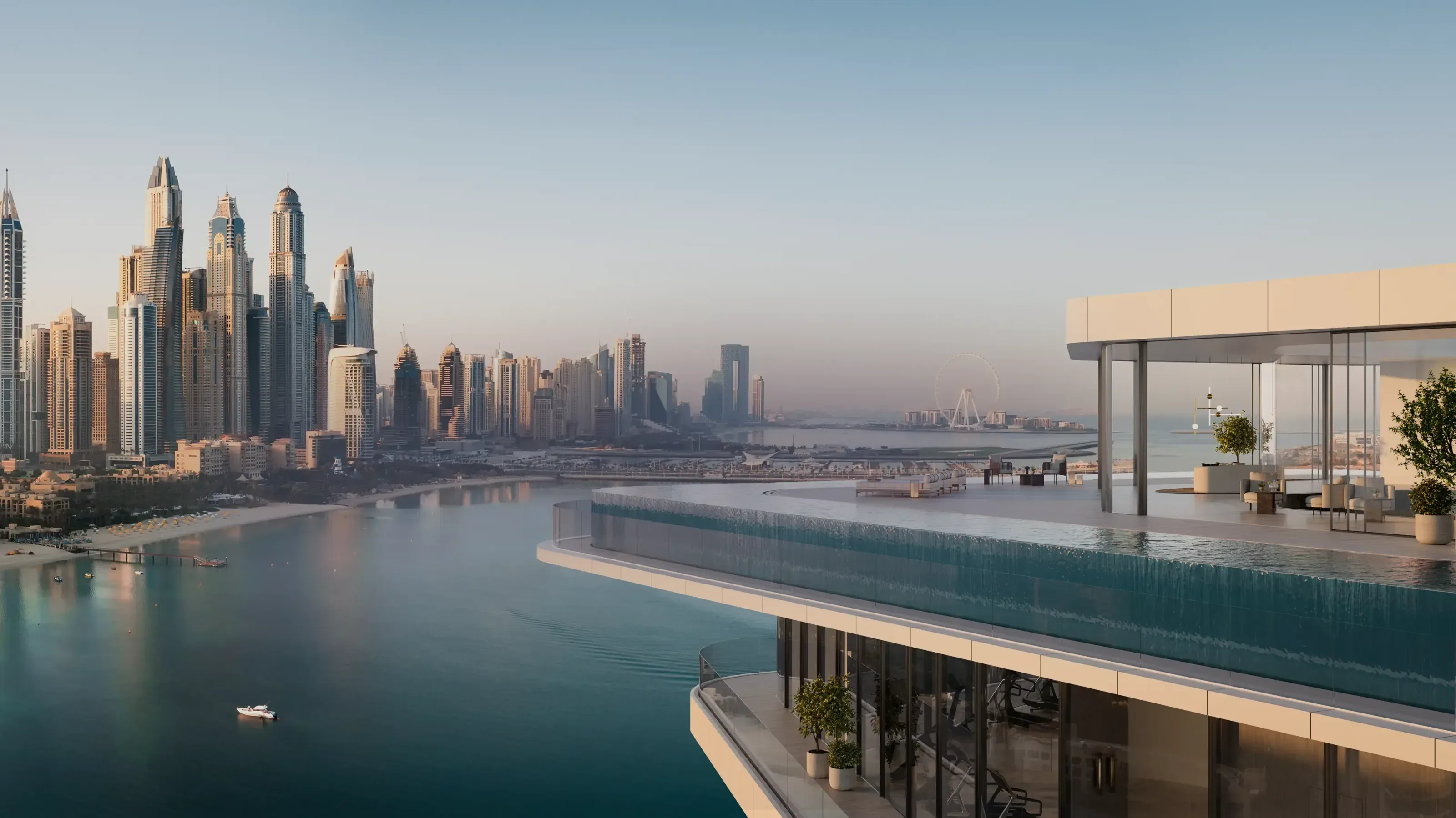 A private terrace with an infinity-edge pool overlooking a city skyline